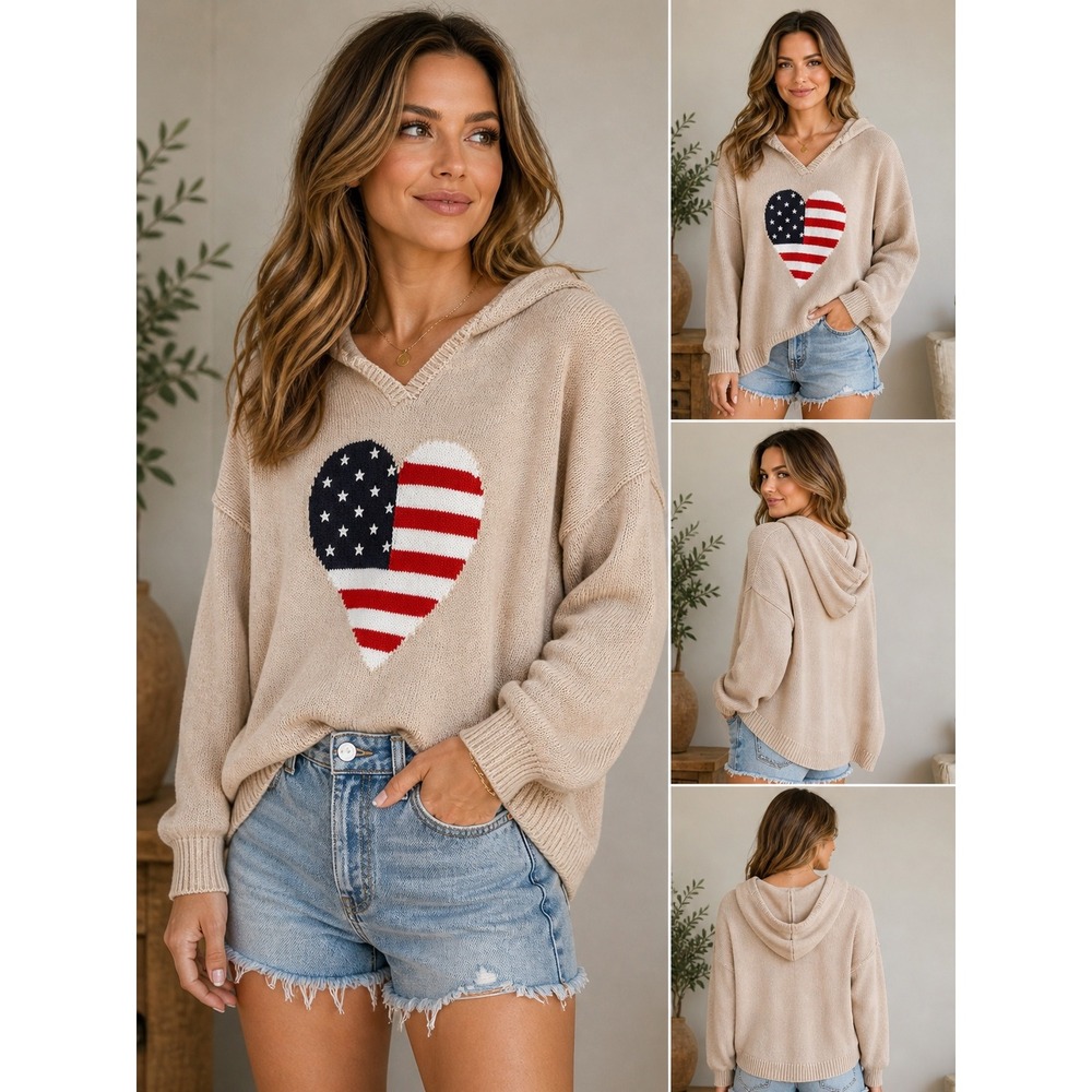 Marled USA Flag Heart Sweater Hooded Patriotic 4th July Knit M